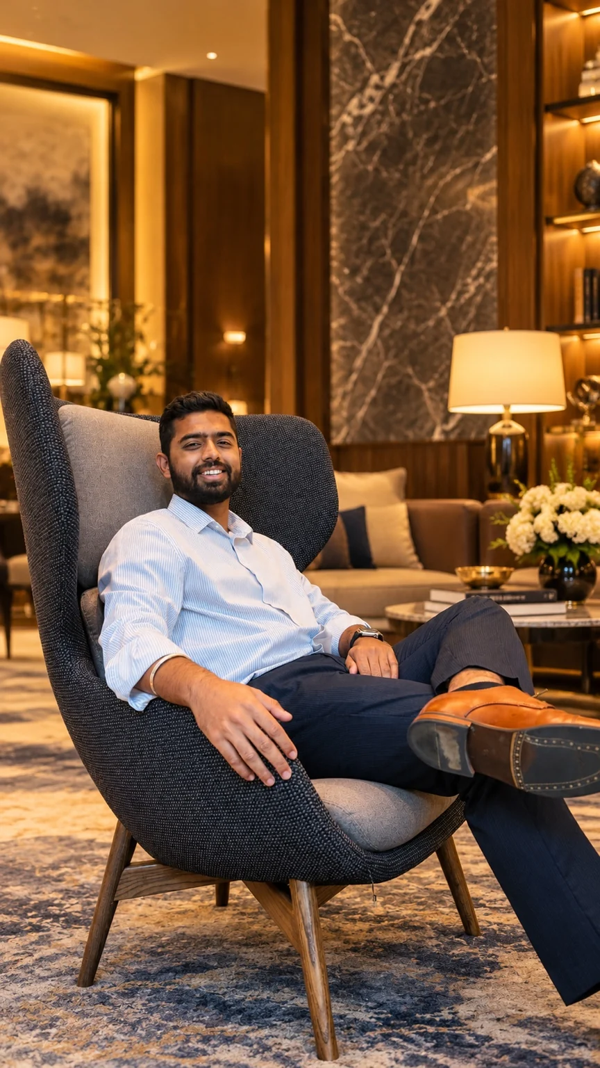 Lakshay seated in a warm architectural interior